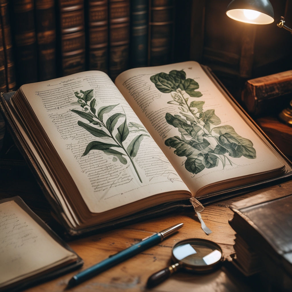 Open antique scientific journal with botanical illustrations and handwritten annotations resting on a wooden desk beside a magnifying glass, warm library ambient lighting, scholarly atmosphere