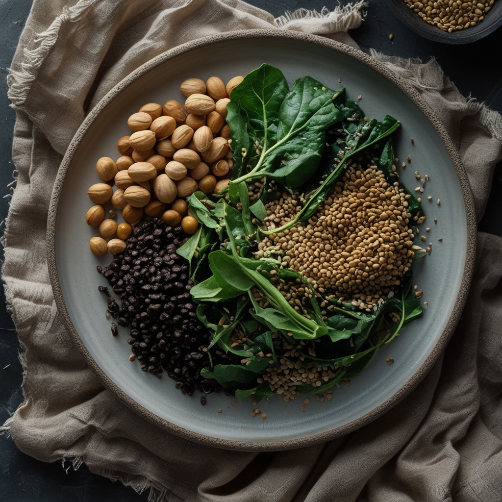 Flat lay of mineral-rich whole foods including Brazil nuts, dark green leafy vegetables, sesame seeds, and brown lentils arranged on natural linen with shallow depth of field