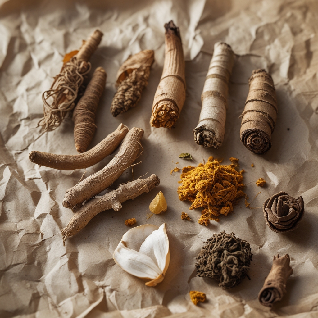 Close-up of dried herbal roots and botanical specimens — ginseng root, ashwagandha, and dried rhodiola — arranged on aged parchment paper with soft directional lighting revealing texture